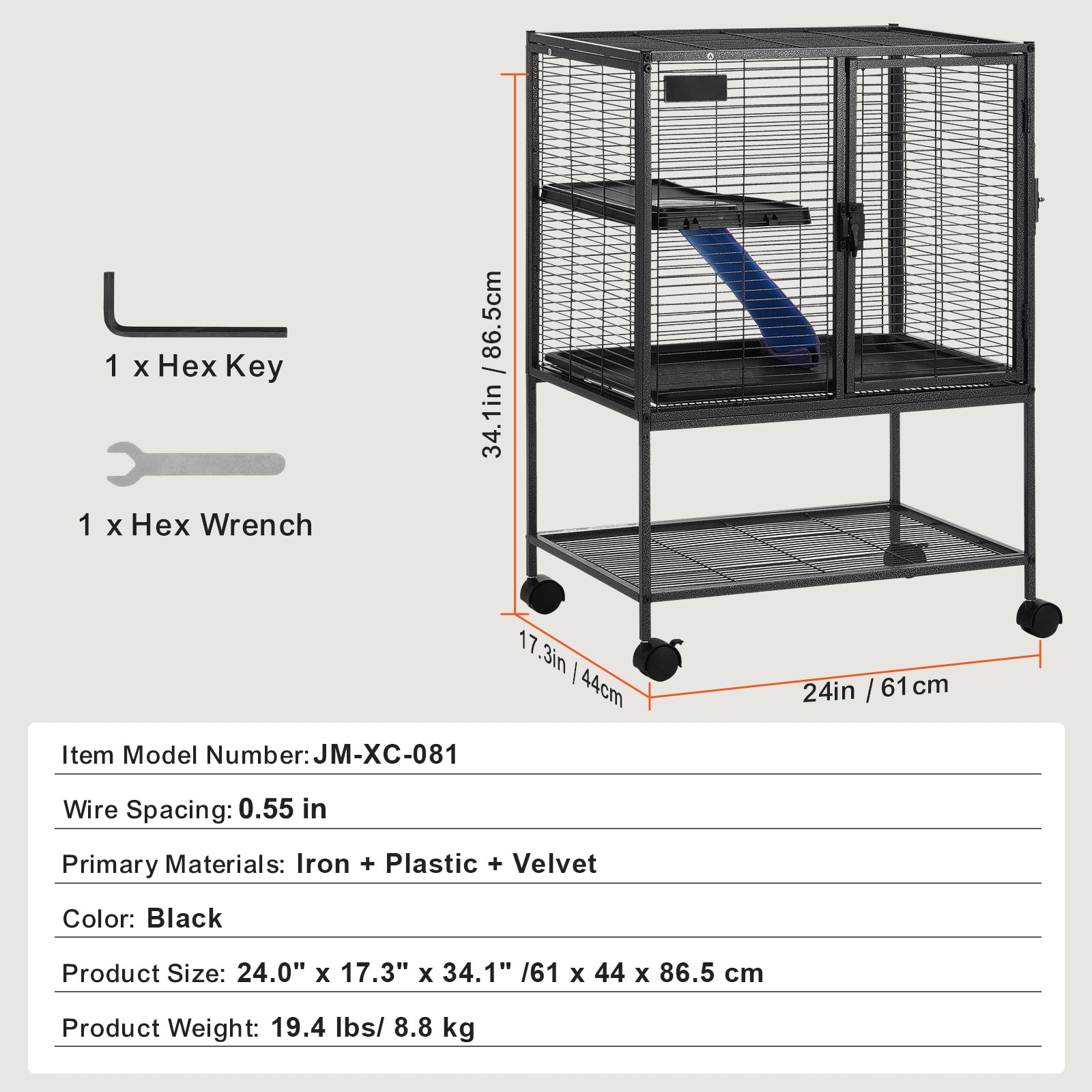 34" Metal Small Animal Cage 2-Tier Rolling Ferret Cage With Tray A Ramp_maomaolike.com